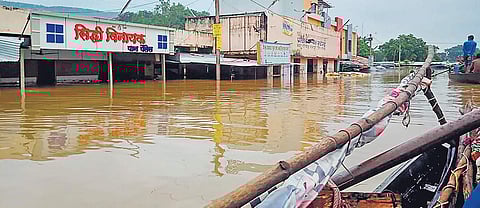 Buildings submerged in flood water in Neemuch district. (Photo | PTI)