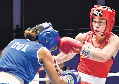 MC Mary Kom during her 51kg World Championship quarterfinal against Ingrit Valencia, in Ulan-Ude, Russia, on Thursday. (Photo | BFI)