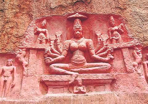 (Above) The sculpture of Goddess Chakreshwari Devi on the Bommalamma Gutta shrine; (right) the new stone-age tools found recently
