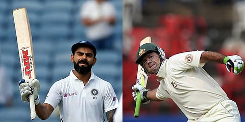 Former Australia skipper Ricky Ponting (R) and India captain Virat Kohli (Photo | AFP and AP)