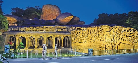 The lit-up sculpture depicting Arjuna’s Penance at Mahabs on the eve of the Modi-Xi summit | Shiba Prasad Sahu