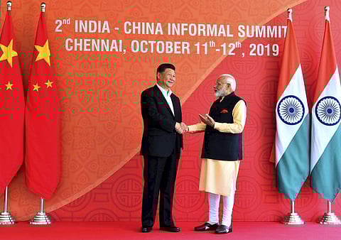 Prime Minister Narendra Modi with Chinese President Xi Jinping at Fisherman's Cove in Kovalam near Mamallapuram Saturday Oct. 12 2019. | (Photo | Twitter)