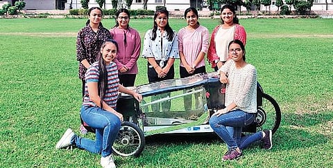 The team of engineering students from IGDTUW with their prototype car.