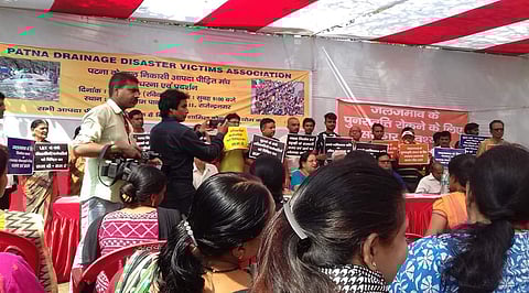 Residents of a Patna locality protest against the the officials' lethargy in tackling the 'waterlogging' | Express