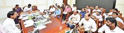 K Chandrasekhar Rao during a review meeting on the RTC strike at Telangana Bhavan on Saturday.