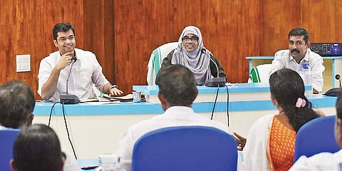 Fort Kochi Sub-Collector Snehil Kumar Singh speaking at the emergency council meeting in Kochi on Saturday | Express