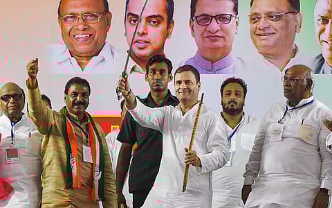 Former Congress president Rahul Gandhi holds a sword at a joint Congress-NCP rally ahead of Maharashtra Asembly elections in Mumbai Sunday Oct. 13 2019. | (Photo | PTI)