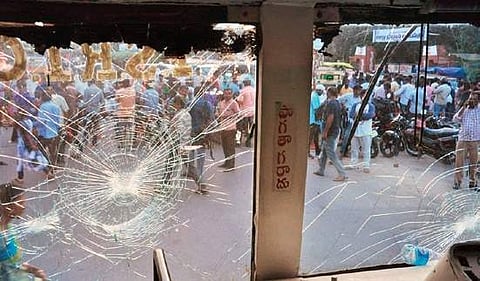 An RTC bus damaged by agitators in Khammam on Saturday