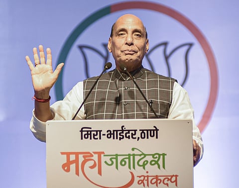 Union Defence Minister and senior BJP leader Rajnath Singh addresses an election campaign meeting ahead of Maharashtra Assembly polls in Mumbai Monday Oct. 14 2019. | (Photo | PTI)
