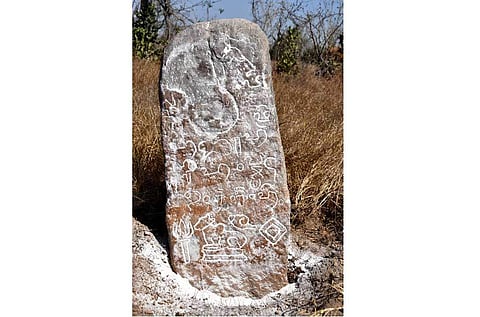 A stone with '10th Century grantha inscription' found by Tirupur team in Karur. (Photo | EPS)
