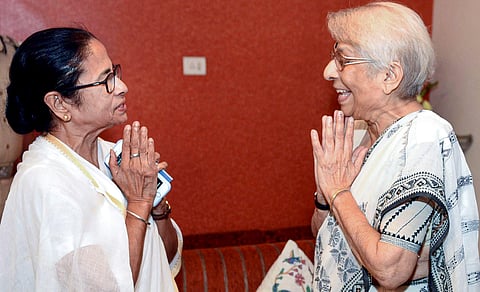West Bengal Chief Minister Mamata Banerjee exchanges greetings with Nirmala Banerjee mother of Indian-American Nobel Prize winning economist Abhijit Banerjee in Kolkata Wednesday Oct. 16 2019. | (Photo | PTI)