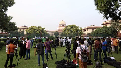 A scene outside the Supreme court during the Ram janmbhumi- Babri masjid case hearing in New Delhi on Wednesday. | (Arun Kumar P| EPS)