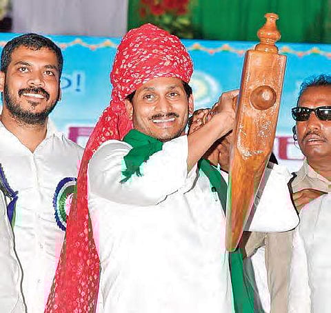 Andhra Pradesh Chief Minister YS Jagan Mohan Reddy at the inauguration of YSR Rythu Bharosa scheme at Kakuturu in Nellore district on Tuesday
