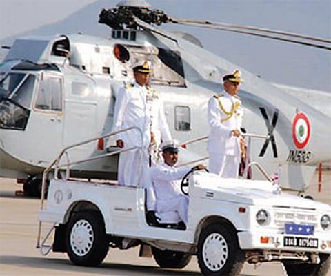 Chief of Eastern Naval Command Vice Admiral Nirmal Verma driving past a UH 3H helicopter at INS Dega in Visakhapatnam (File Photo |EPS)