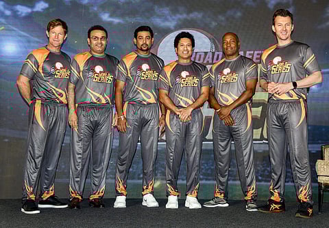 Cricket legends Jhonty Rhodes Virendra Sehwag Tilakratne Dilshan Sachin Tendulkar Brian Lara and Brett Lee at the announcement of the Road Safety World Series in Mumbai. (Photo | PTI)