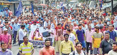 Members of Guru Ravidas Sabha, Punjab, march during a protest over demolition of Guru Ravidas temple in Delhi, in Amritsar. | ( File Photo | PTI )