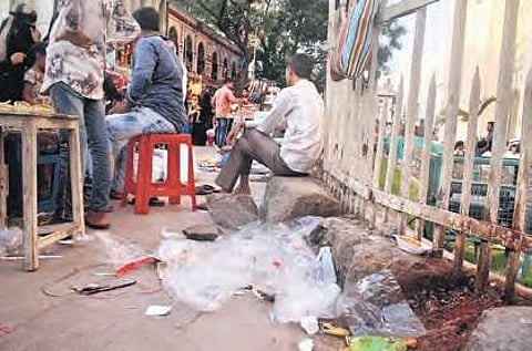 Plastic waste dumped near a vendor’s stall in the near Charminar in Hyderabad | Sathya keerthi
