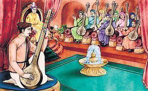 Tansen, musician extraordinaire, travels from his abandonment at birth by his Brahmin parents.