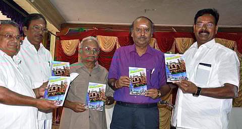 S Pandiyan, founder of S V V Trust, Writer Subbu Lakshmanan, Educationist Ramasubramanian and Industrialist Ruby Manoharan releasing the book during the function. (Photo | EPS)