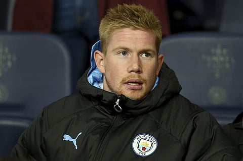 Injured Manchester City's Kevin De Bruyne sits in the stands. (Photo | AP)