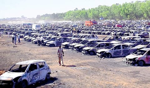 File photo of the cars that were damaged in an accidental fire at the parking area of Yelahanka Air Force Station on February 23 this year | Express