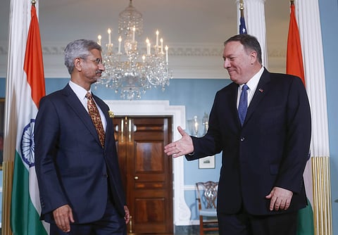 Secretary of State Mike Pompeo, right, extends his hand to his Indian counterpart Subrahmanyam Jaishankar, left, at the US State Department in Washington, Monday, Sept. 30, 2019. | (Photo | AP)