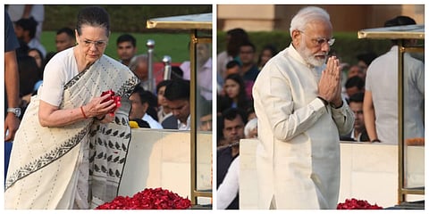 Congress chief Sonia Gandhi and PM Narendra Modi pay tribute to Mahatma Gandhi on 150th birth Anniversary at Rajghat in New Delhi on Wednesday. | (Photo | Shekhar Yadav/EPS)
