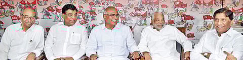 TRS leaders with CPI’s Chada Venkat Reddy and Azeez Pasha at the CPI office in Hyderabad on Sunday