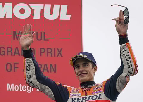 Spain's MotoGP rider Marc Marquez celebrates after winning the MotoGP Japanese Motorcycle Grand Prix at the Twin Ring Motegi circuit in Motegi, north of Tokyo. (Photo | AP)