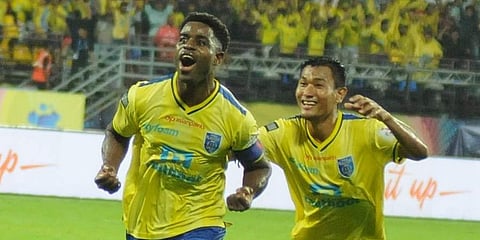 Kerala Basters captain Bartholomew Ogbeche celebrates after scoring a goal against ATK in the 6th session ISL Championship on Sunday. (Photo | A Sanesh, EPS)