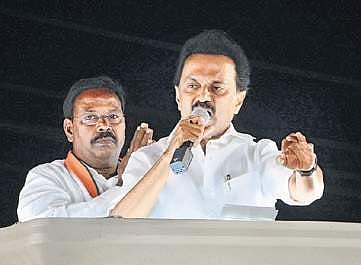 V Narayanan of AIADMK (left) & Ruby Manoharan with DMK chief MK Stalin | Express