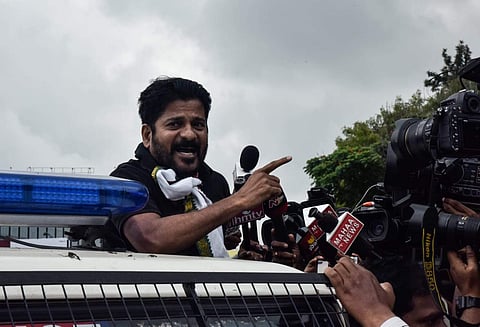 Telangana Congress working president Revanth Reddy en route Pragathi Bhavan on 21 October 2019. (Photo | Vinay Madapu, EPS)