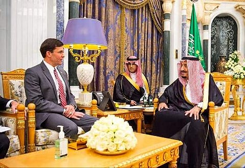 A handout picture provided by the Saudi Press Agency (SPA) on October 22, 2019 shows King Salman bin Abdulaziz (R) meeting with US Defense Secretary Mark Esper (L) in the capital Riyadh. (Photo | AFP / HO / SPA)