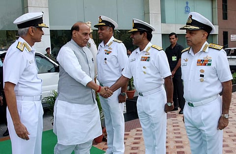 Defence Minister Rajnath Singh with senior officers of the Indian Navy at the second edition of this years' bi-annual Naval Commanders' Conference in New Delhi (Photo| Twitter/ @RajnathSingh)