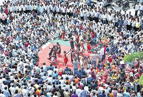 Striking RTC workers stage a street play near the Jubilee bus station in Secunderabad on Tuesday | Vinay Madapu
