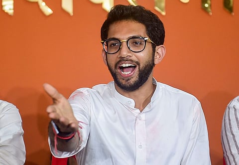 Shiv Sena leader Aditya Thackeray during a press conference at Sena Bhavan in Mumbai. (Photo | PTI)