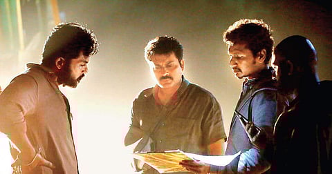 Actors Karthi, Narain and director Lokesh Kanagaraj on 'Kaithi' sets.