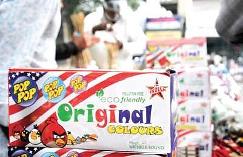 Eco-friendly firecrackers on display at Begum Bazar on Thursday| S Senbagapandiyan