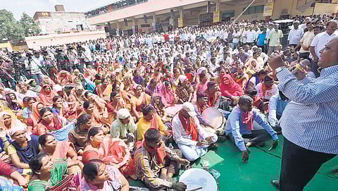 As the strike enters the 19th day, RTC workers stage a protest near Dilsukhnagar bus depot in Hyderabad on Wednesday | RVK Rao