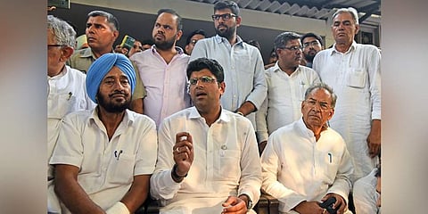 Jananayak Janata Party leader Dushyant Chautala addresses a press conference at his residence in New Delhi. (Photo | Parveen Negi, EPS)