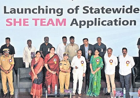 Home Minister Mohammad Mahmood Ali, ministers Sabitha Indra Reddy and Satyavathi Rathod, during the fifth anniversary celebrations of SHE teams at Shilpakala Vedika in Hyderabad on Thursday | S Senbagapandiyan