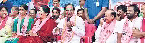 Chief Minister K Chandrasekhar Rao with the Cabinet ministers at a press conference in Telangana Bhavan in Hyderabad on Thursday | Vinay Madapu