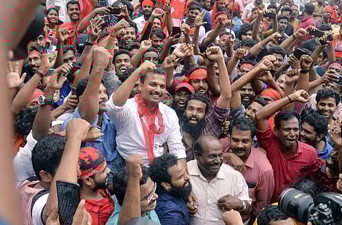 LDF candidate from Vattiyoorkavu constituency VK Prasanth being carried on the shoulders of party cadres to AKG centre, the party's state headquarters. (Photo | Vincent Pulickal, EPS)