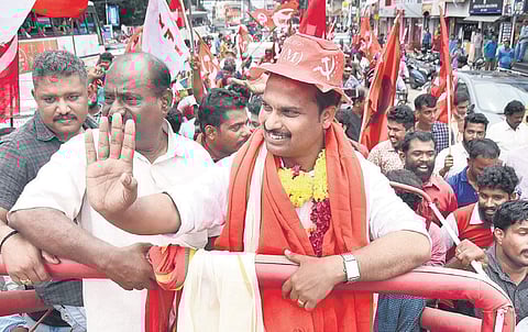 Mayor V K Prasanth during his road show at Pattom after his win in the Vattiyoorkavu bypoll B P Deepu