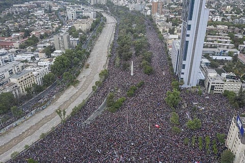 In this aerial view thousands of people protest in Santiago, over living costs and social inequality (Photo| AFP)