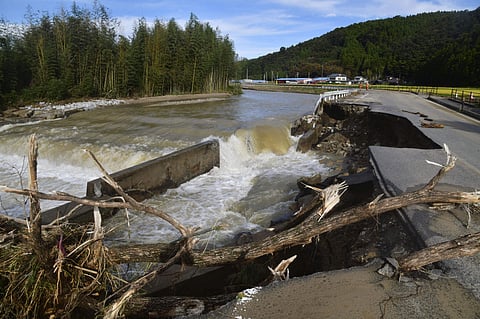 A part of Fukushima prefectural road is damaged by floodwaters after torrential rain in Iwaki city, Fukushima prefecture, northeast of Tokyo (Photo| AP)