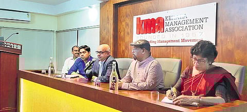 Chief Secretary Tom Jose speaking at the Semi High-Speed Rail Corridor presentation organised by Better Kochi Response Group in Kochi on Saturday. Collector S Suhas and BKRG prez G Gopakumar are seen | Express