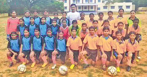 The girls soccer team with teacher Karunainathan at St Sebastian High School(Left).Hockey team with their teacher Arulraju.