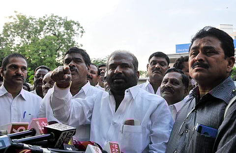 JAC leaders, including Ashwathama Reddy, address the media after their meeting with RTC officials in Hyderabad. (Photo | S Senbagapandiyan, EPS)