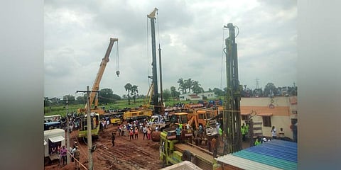 A visual of a boring machine which is being used to drill three holes to loosen the soil, thereby speeding up the process to rescue toddler Sujith. (Photo | EPS)